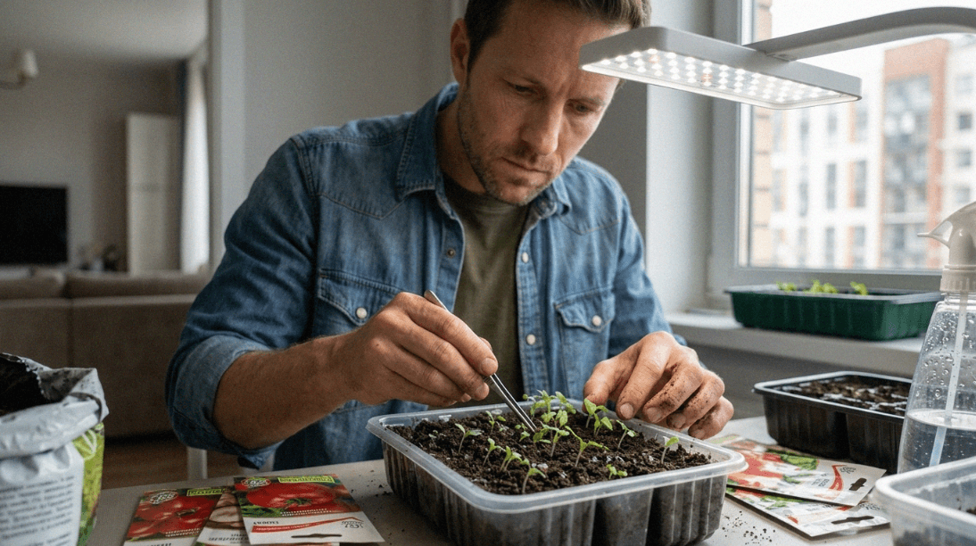 Контейнеры с прорастающими семенами томатов под полноспектральной светодиодной фитолампой.