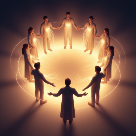 <img src="joining-energy-community.png" alt="Человек входит в поддерживающее сообщество и подключается к общему энергетическому полю">