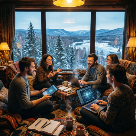 <img src="krasnoyarsk-intellectual-club-transformation-online.jpg" alt="Adults from Krasnoyarsk in online intellectual club session, radiating growth and transformation with Siberian landscape backdrop">