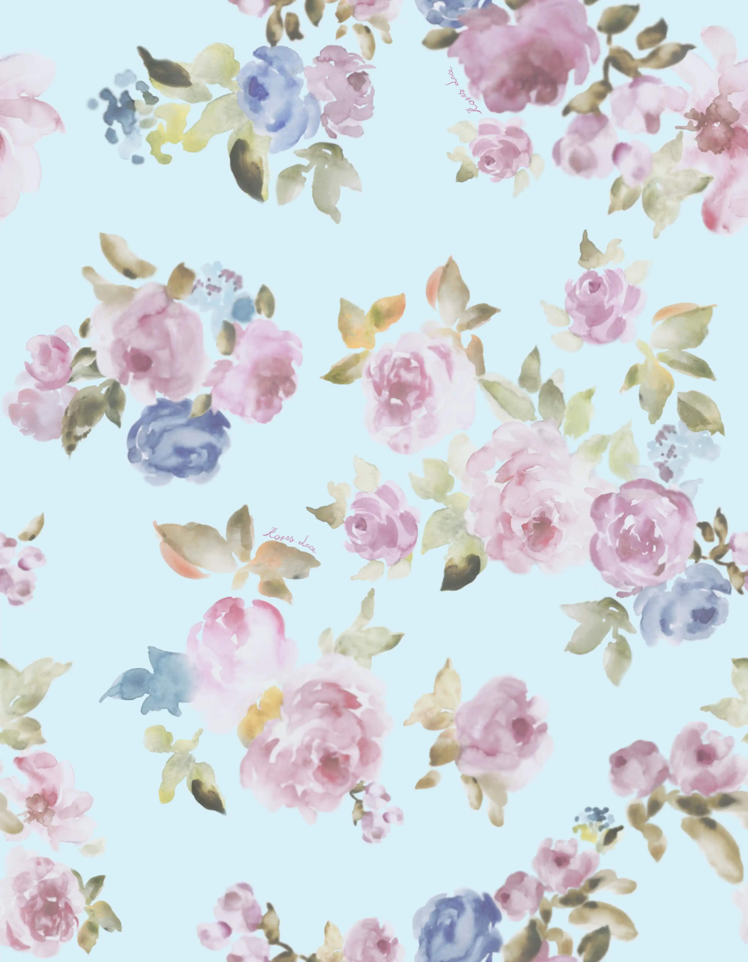 Голубой, крупные розовые розы