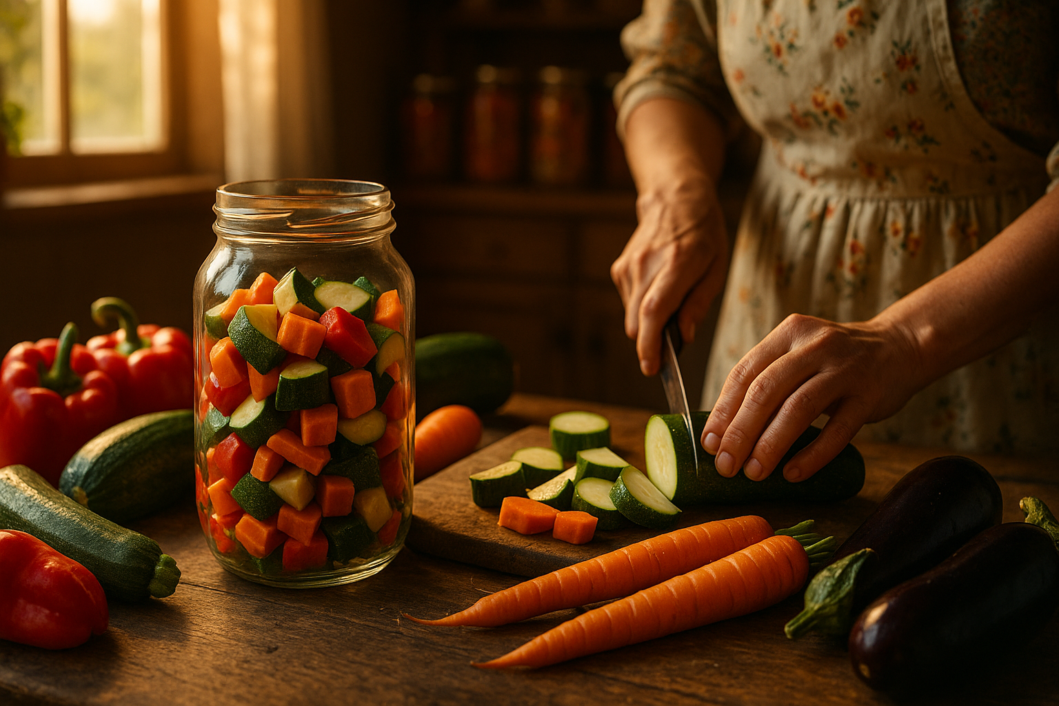 Стеклянная банка с овощным ассорти — цветная капуста, помидоры, огурцы и сладкий перец в маринаде для зимних заготовок