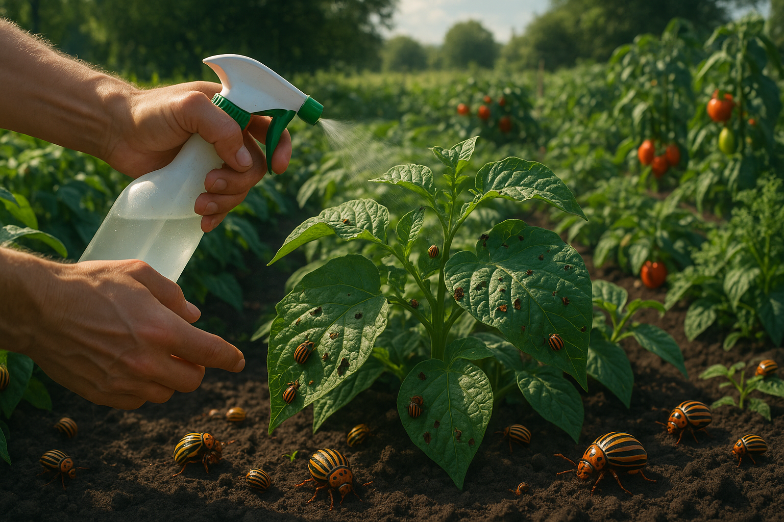 Колорадский жук на листе картофеля