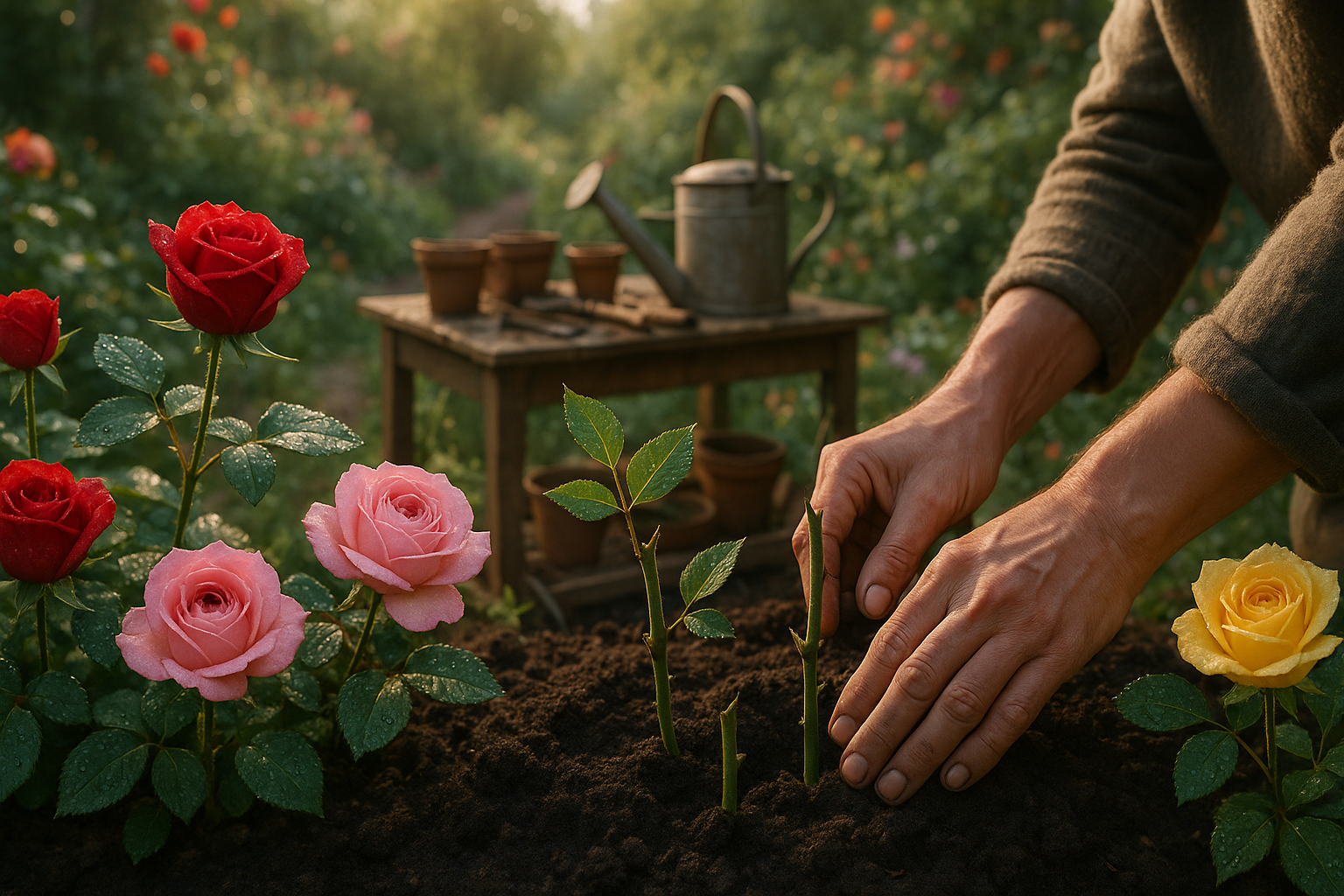 Красивый розовый куст с цветами на фоне зелени &mdash; результат успешного размножения роз черенками и отводками