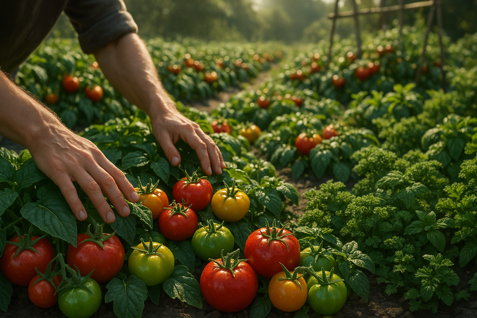 Компактный куст низкорослых помидоров с красными спелыми томатами, не требующих пасынкования