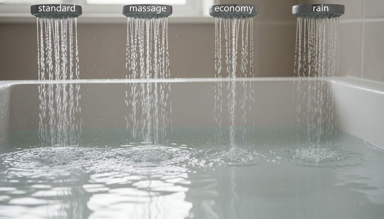 Различные режимы струи душевой лейки: стандартный, массажный, экономичный и дождевой, показанные на поверхности воды в поддоне.