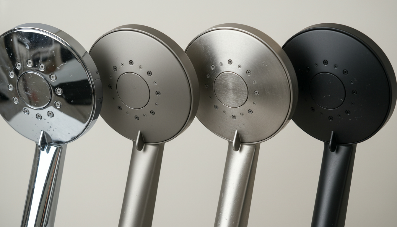 Сравнение разных покрытий душевых леек после полугодового использования. Хром сохраняет блеск, а матовые поверхности меньше подвержены появлению заметных разводов от воды.