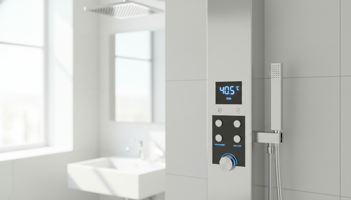 Термостатическая душевая система с электронным дисплеем. На панели отображается температура воды и режим работы, управление осуществляется кнопками и сенсорными зонами.