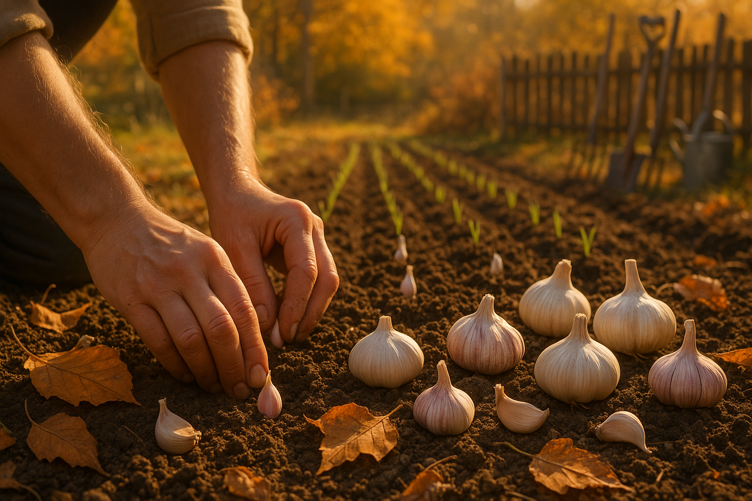 Правильная посадка озимого чеснока зубками в борозды с оптимальным расстоянием между рядами