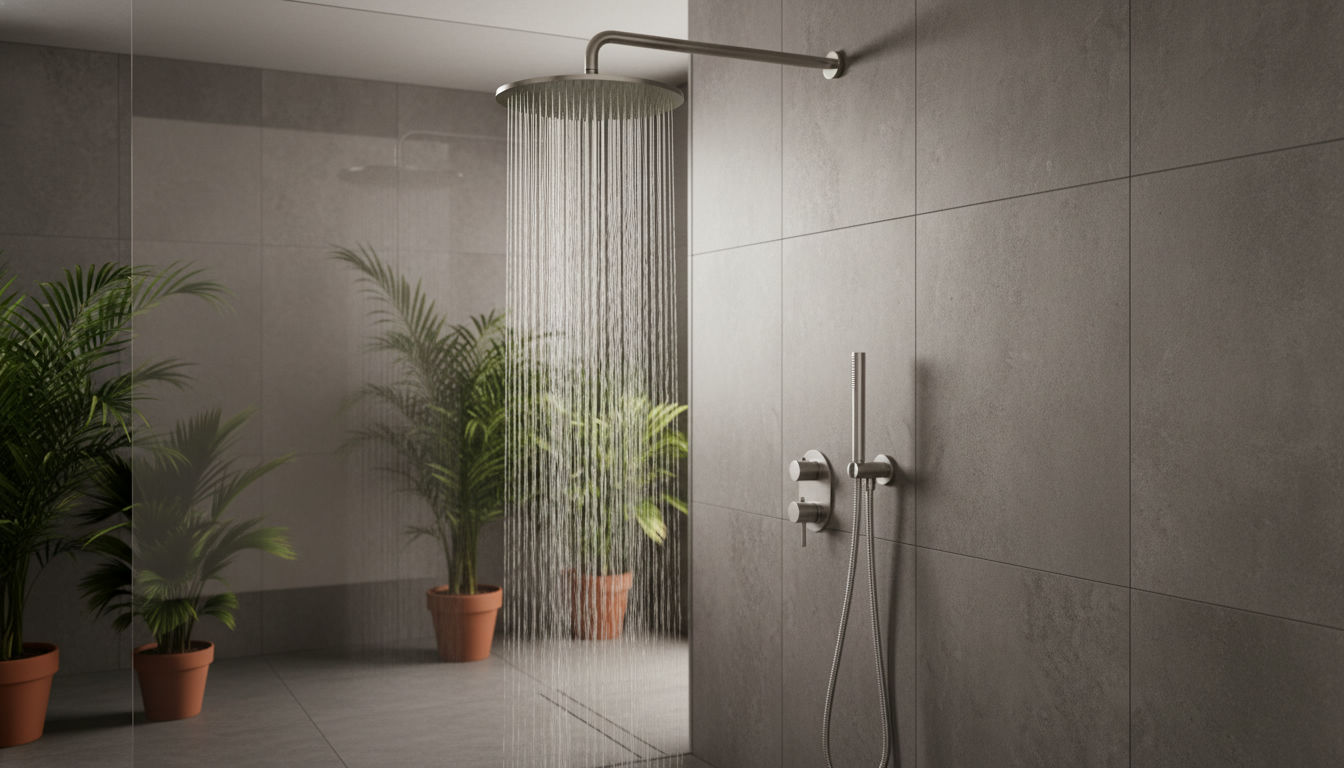 Душевая система с верхним тропическим душем. Широкий поток воды создает эффект дождя, дополнительно установлена компактная ручная лейка на держателе.