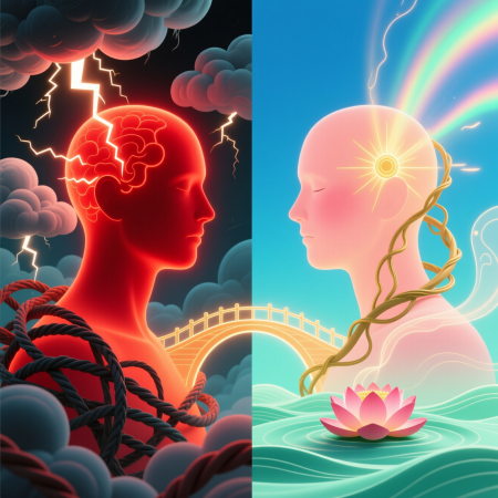 <img src="emotions-facial-redness-transformation.jpg" alt="Illustration showing transformation from emotional stress causing facial redness to calm peaceful state through meditation and emotional healing practices">