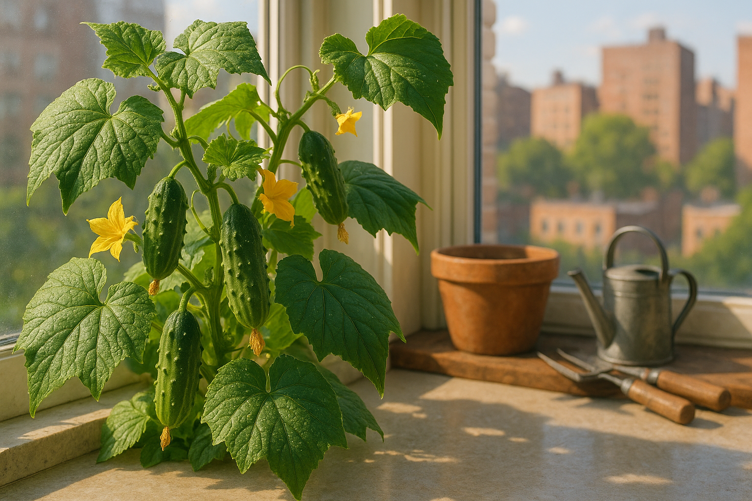 Домашние огурцы на подоконнике в горшке с зеленой листвой и завязями плодов