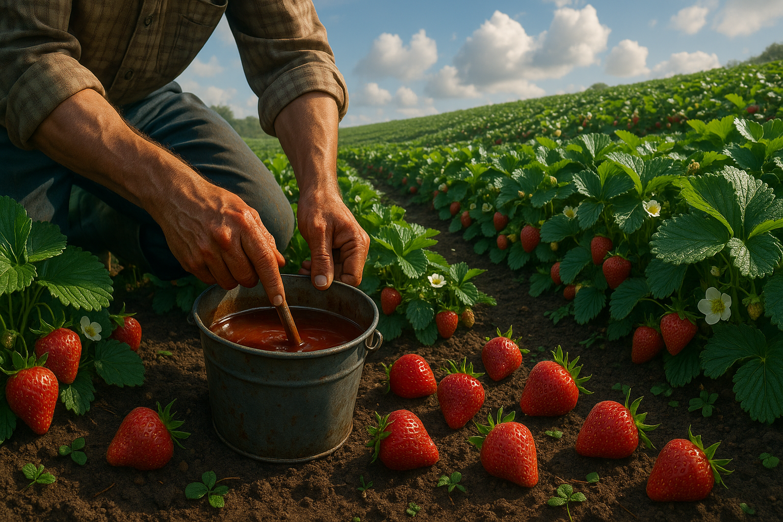 Кусты клубники в процессе подкормки с помощью полива удобрениями весной