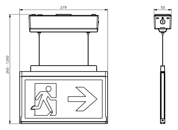 Чертеж светового указателя направления эвакуации Moncato DP918-DP127 KIT с токопроводящим тросовым подвесом
