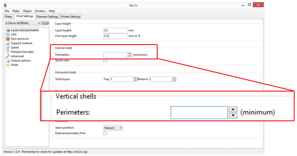 Настройки Perimetrs slic3r 3d
