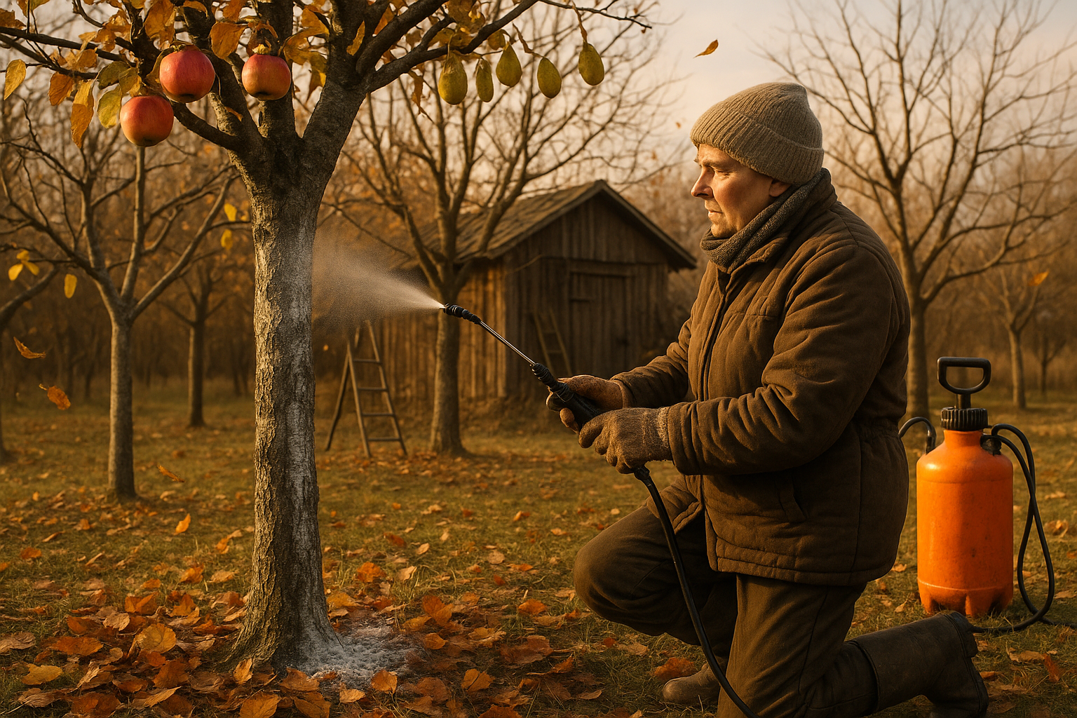 Опрыскивание фруктового дерева осенью &ndash; обработка ветвей садовым опрыскивателем для защиты от вредителей и болезней