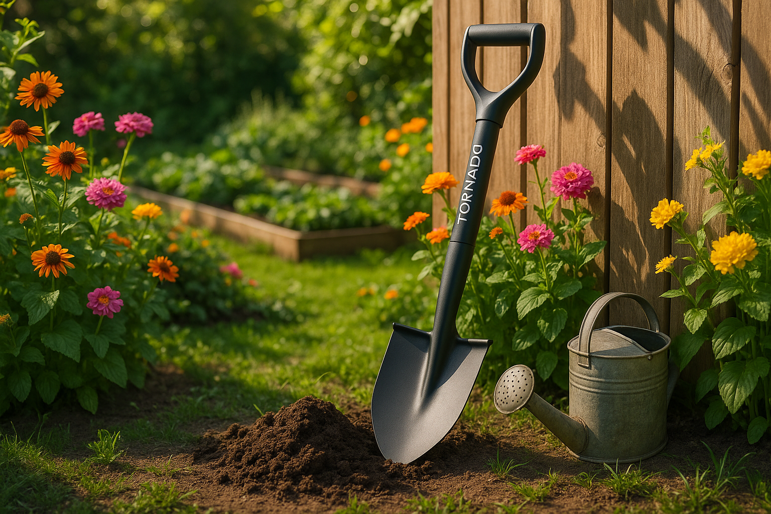 Маленькая садовая лопата с деревянной рукояткой на фоне грядки