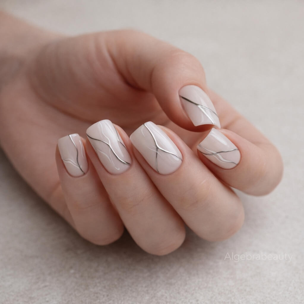 Молочно-бежевый маникюр с тонкими абстрактными серебристыми линиями на мягком квадрате