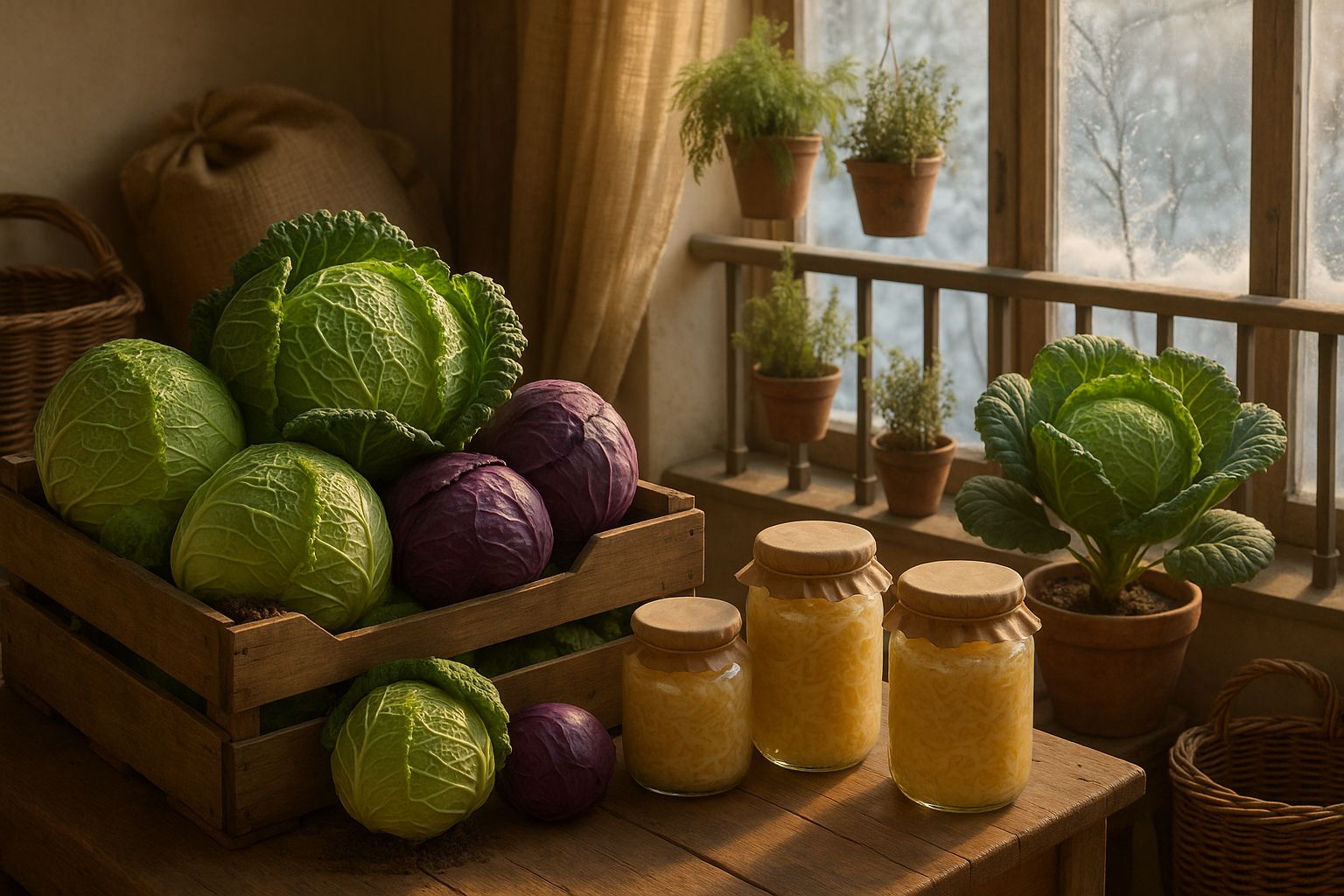 Свежие кочаны капусты, аккуратно уложенные в деревянный ящик, обернутые в пищевую пленку для зимнего хранения