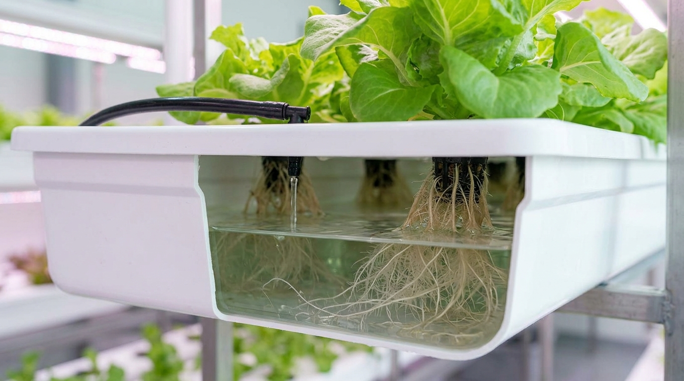 Крупный план корневой системы растения в гидропонном поддоне, демонстрирующий беспочвенную технологию и подачу питательного раствора