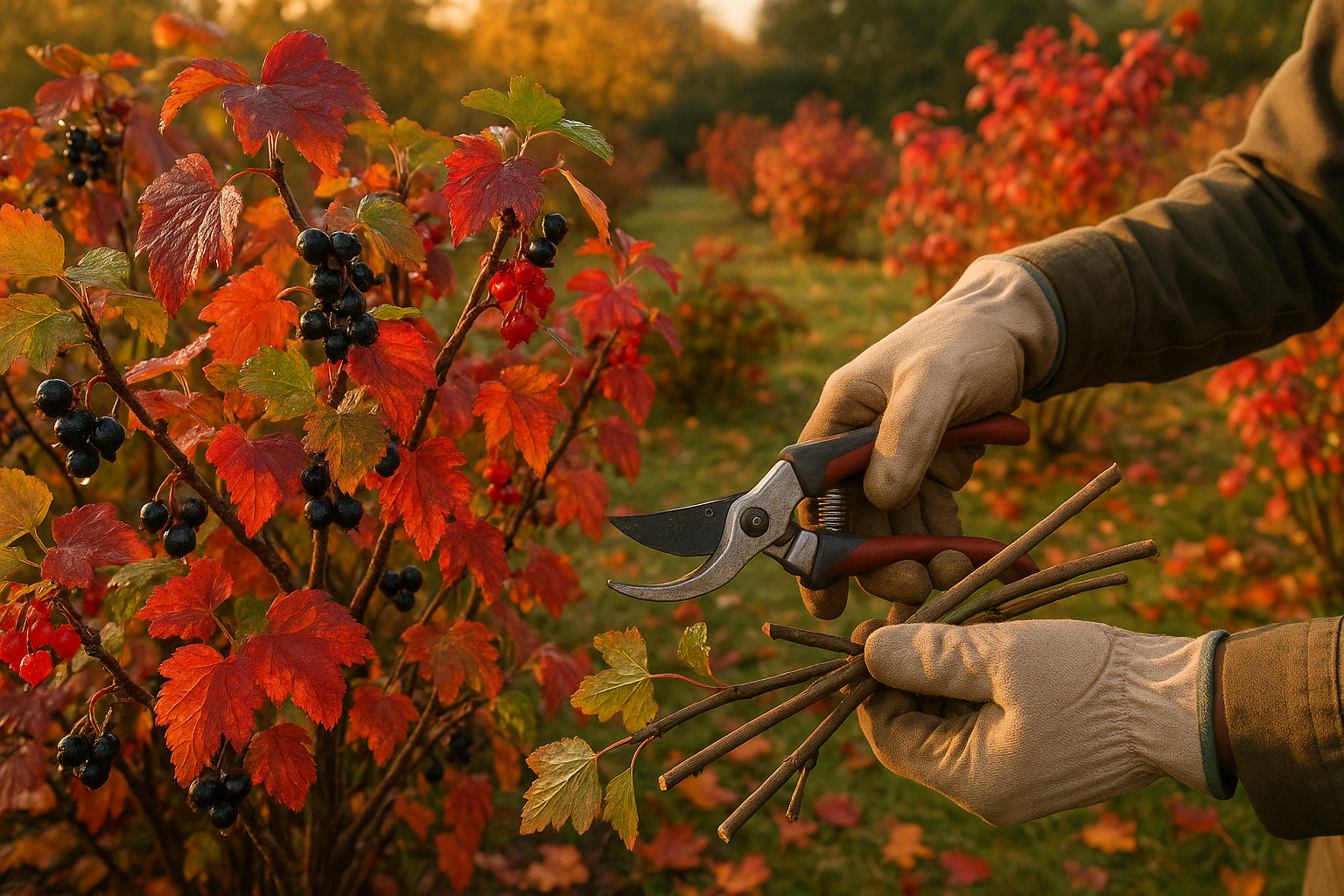 Схема обрезки смородины осенью: изображение кустов с отмеченными местами среза веток для правильного формирования куста