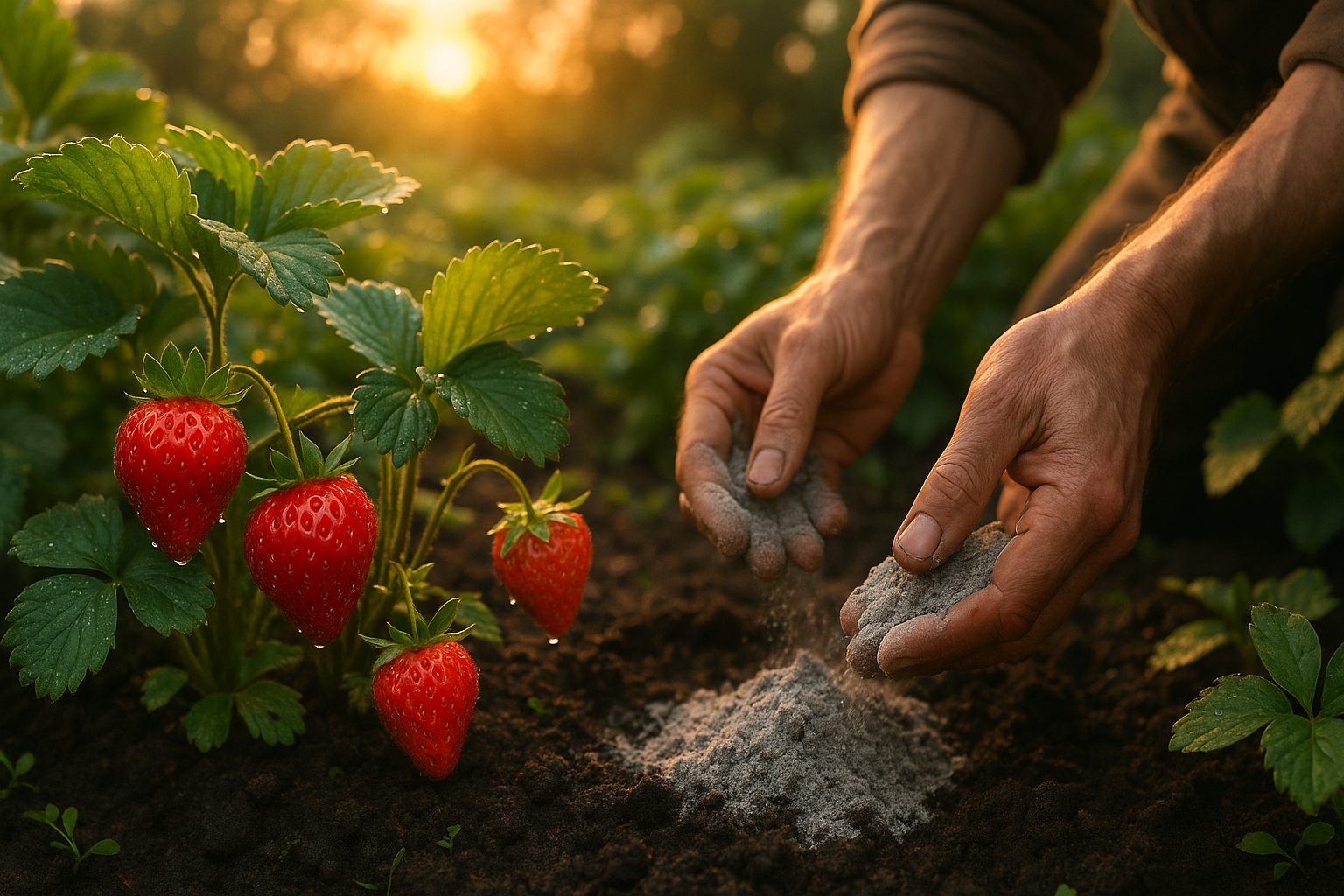 Куст клубники после обрезки с зелёными листьями и здоровыми ягодами на фоне удобрений и мульчи
