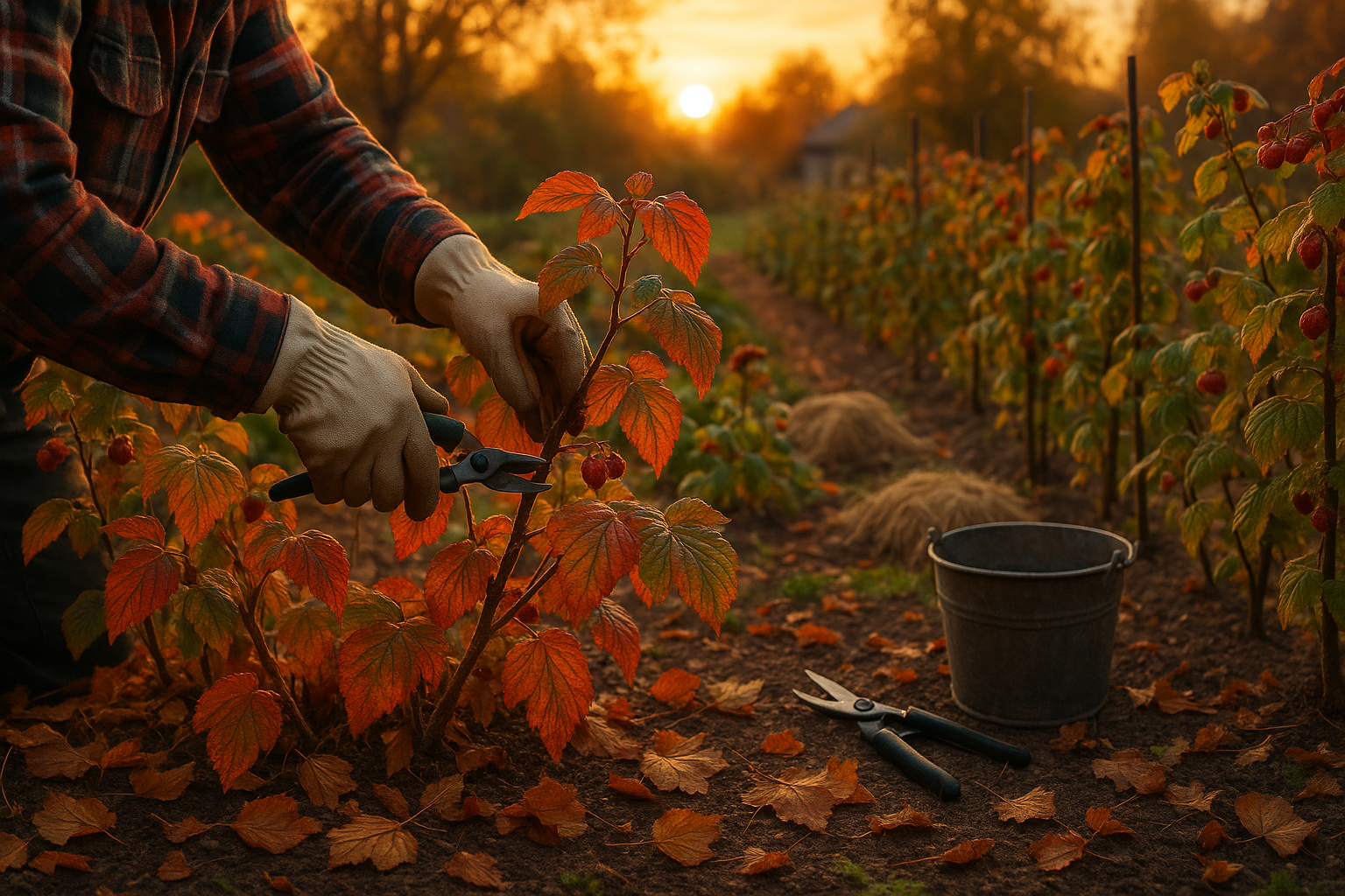 Куст малины осенью подготовленный к зиме с укрытием лапником и мульчей