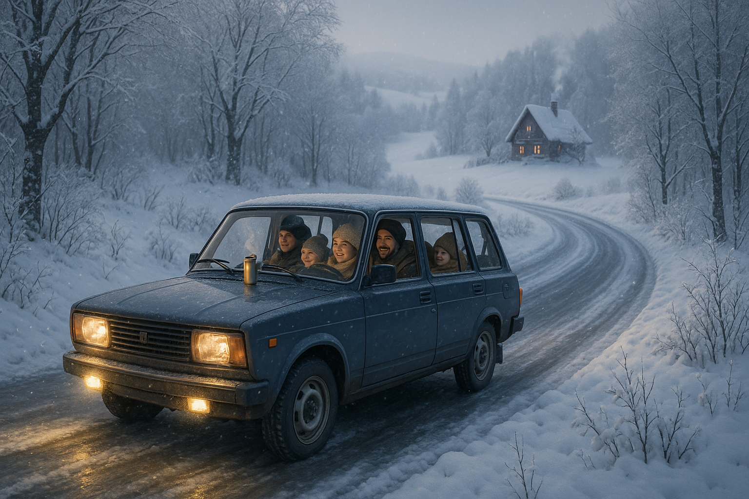 Подготовленный автомобиль к зимней поездке на дачу с зимними шинами и необходимым оборудованием