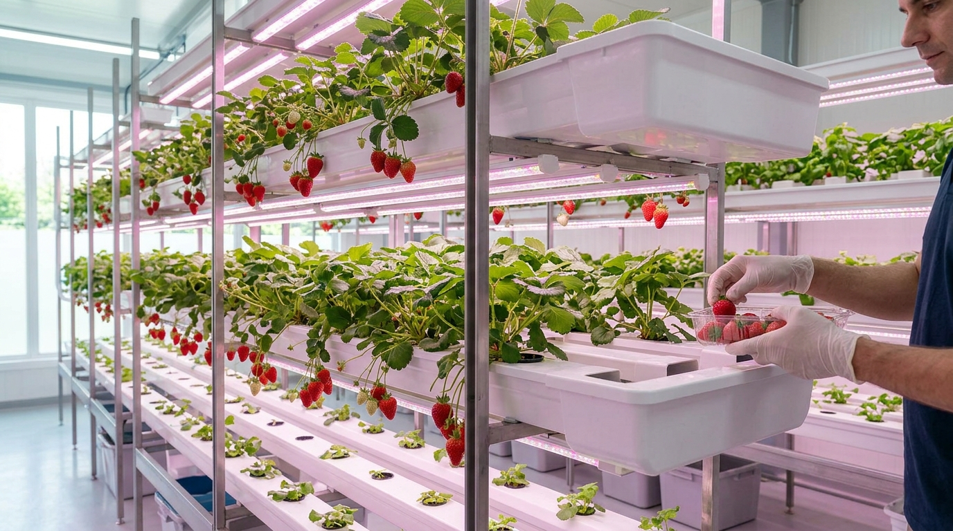 Вертикальная гидропонная система для выращивания клубники. Видны ярусы растений на пластиковых лотках, спелые ягоды и рабочий, проводящий сбор урожая