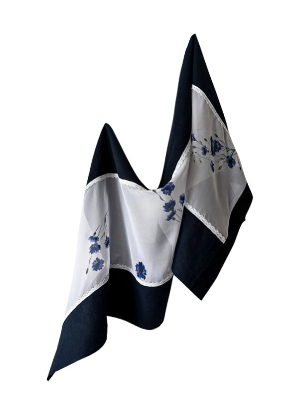 Палантин комбинированный с кружевом, печать "Полевые васильки" NY-10117