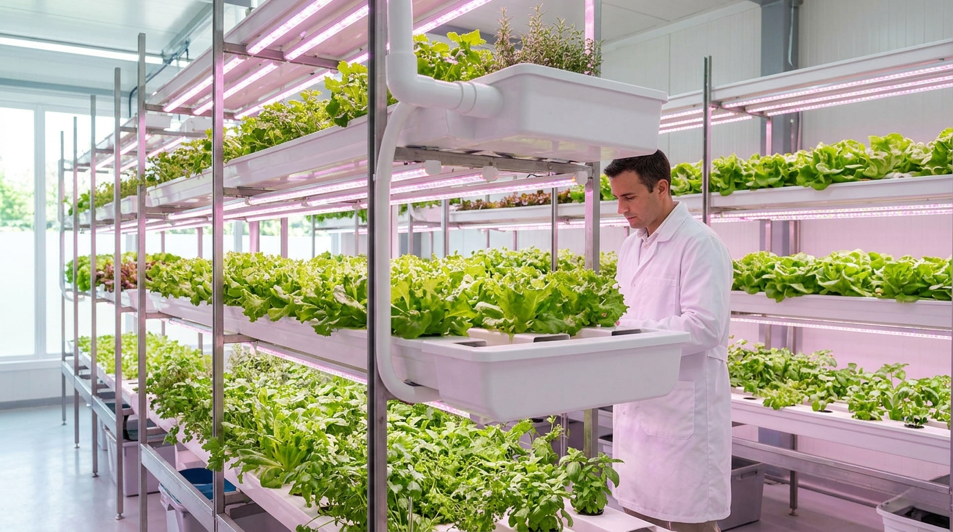 Специализированная стеллажная система для выращивания микрозелени. Множество мелких лотков с проростками различных культур под плотным LED-освещением