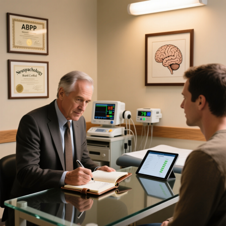 <img src="medical-psychologist-accreditation-2026.jpg" alt="Medical psychologist conducting clinical assessment and neuropychological testing in clinical setting">