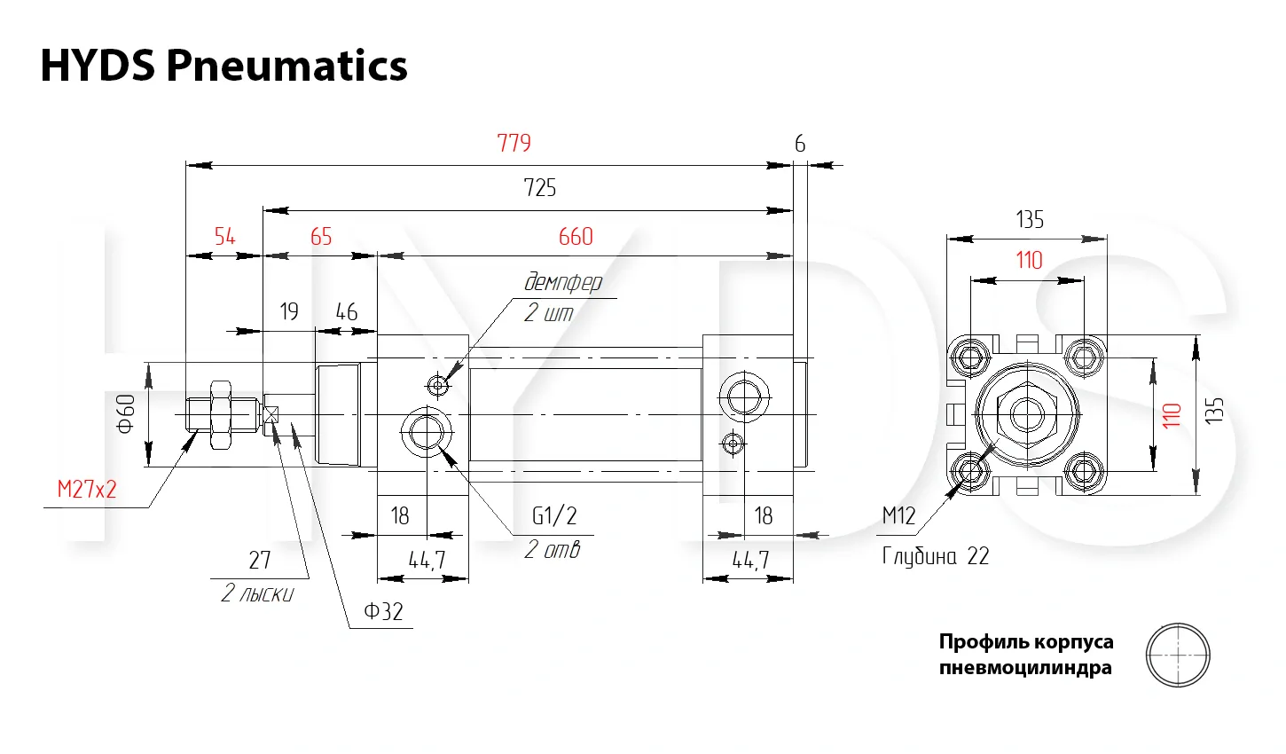 Размеры пневмоцилиндра DSBG-125-500-PPV-A-N3