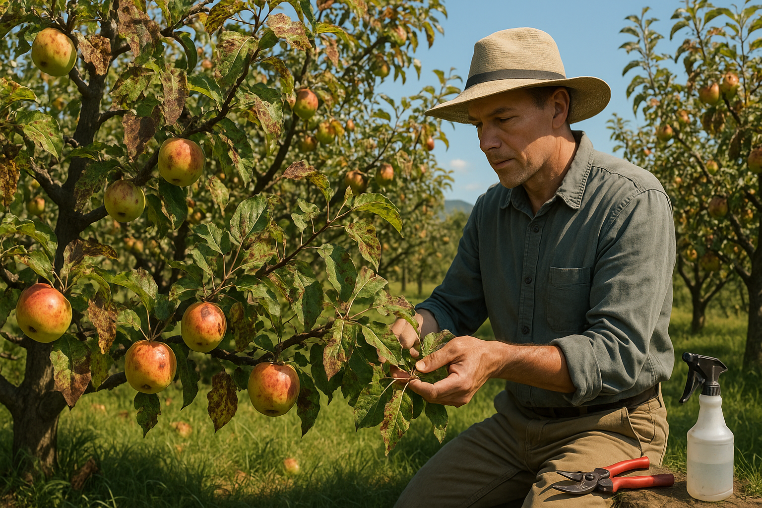 Больное яблоневое дерево с признаками основных заболеваний, включая паршу, монилиоз и черный рак