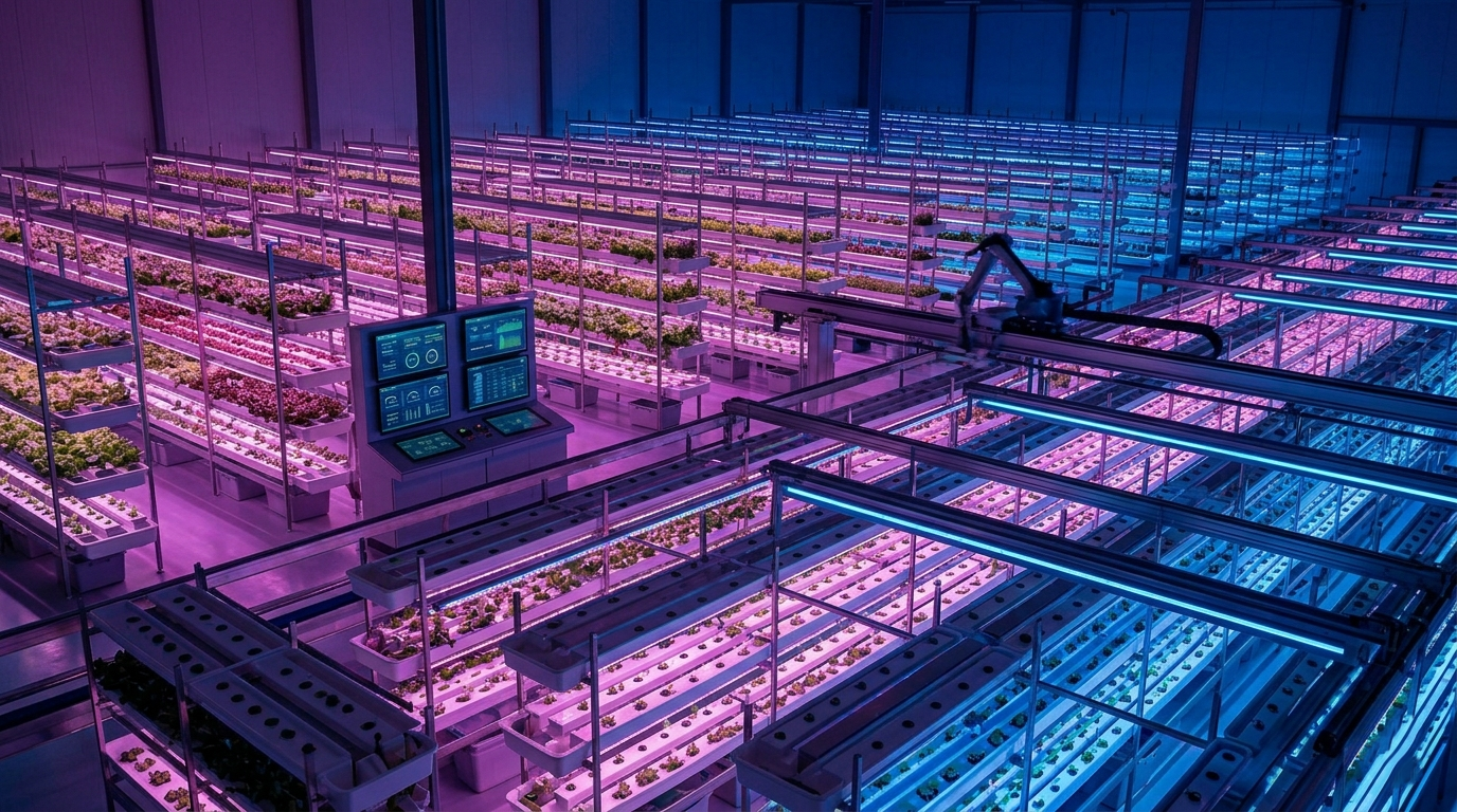 Панорамный вид крупного коммерческого гидропонного комплекса. Видны автоматизированные системы, ряды стеллажей и центральный пульт управления
