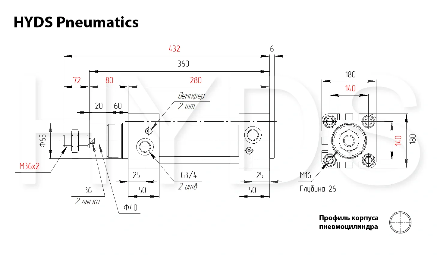 Размеры пневмоцилиндра DSBG-160-100-PPV-A-N3