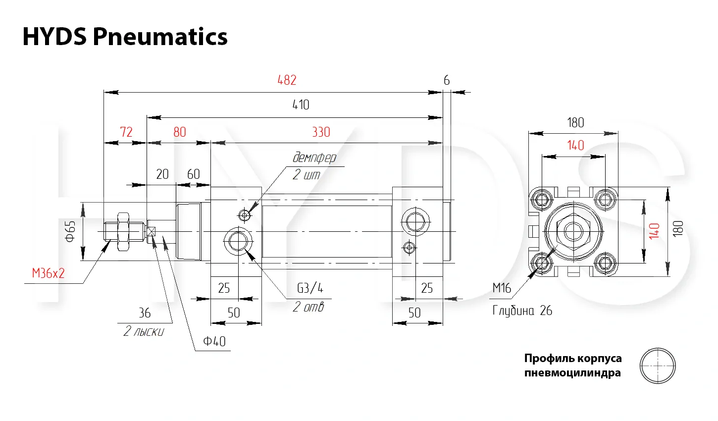 Размеры пневмоцилиндра DSBG-160-150-PPV-A-N3