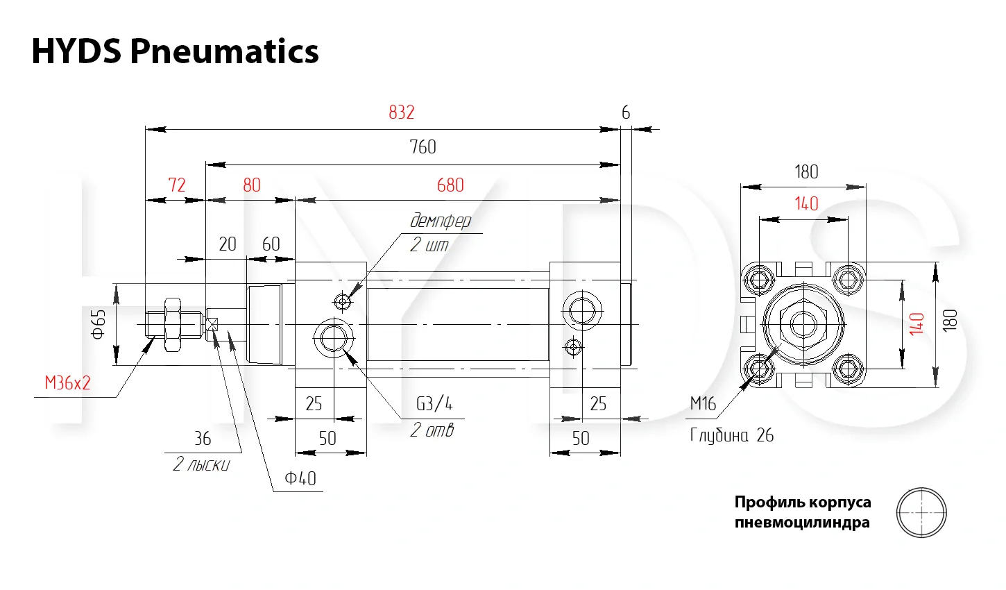 Размеры пневмоцилиндра DSBG-160-500-PPV-A-N3