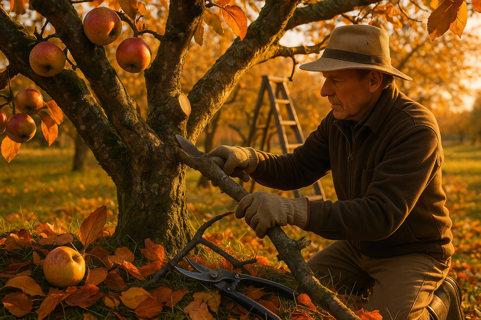 Процесс обрезки старой яблони с использованием секатора и садовой пилы для омоложения и увеличения плодов