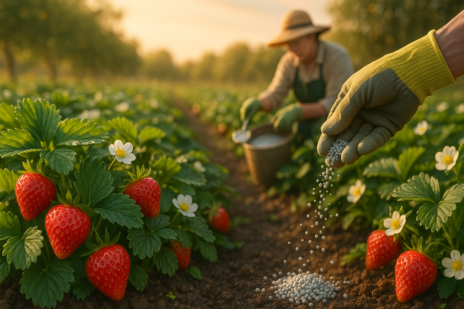 Кусты клубники в процессе подкормки с помощью полива удобрениями весной