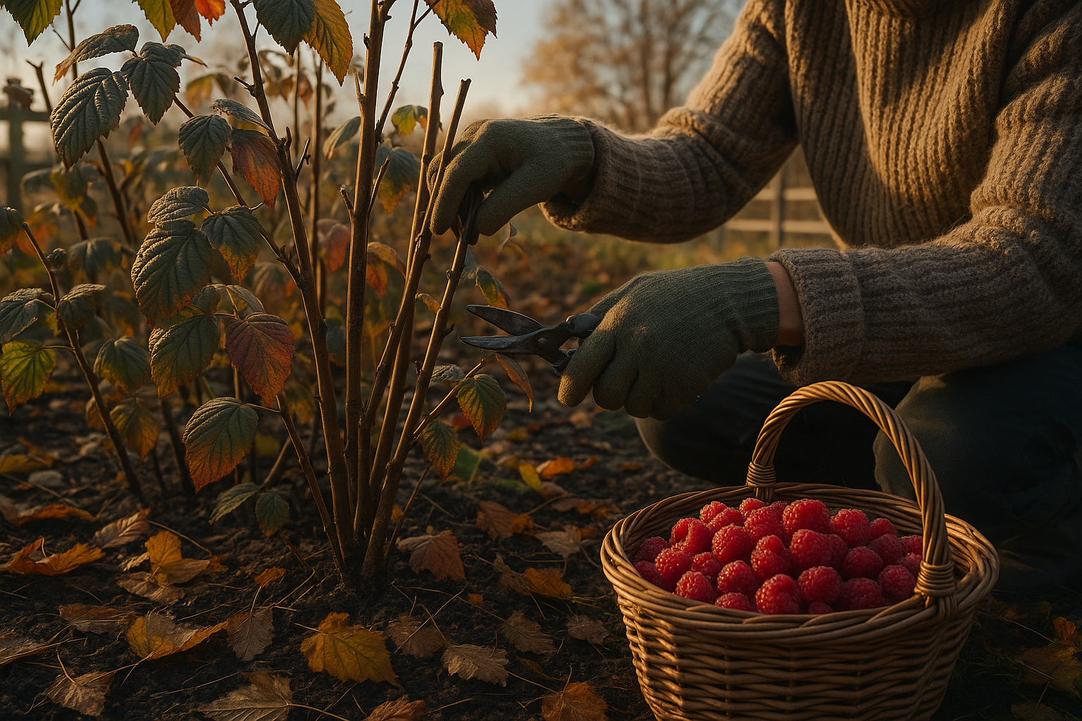 Куст малины осенью после обрезки с подготовкой к зиме в саду