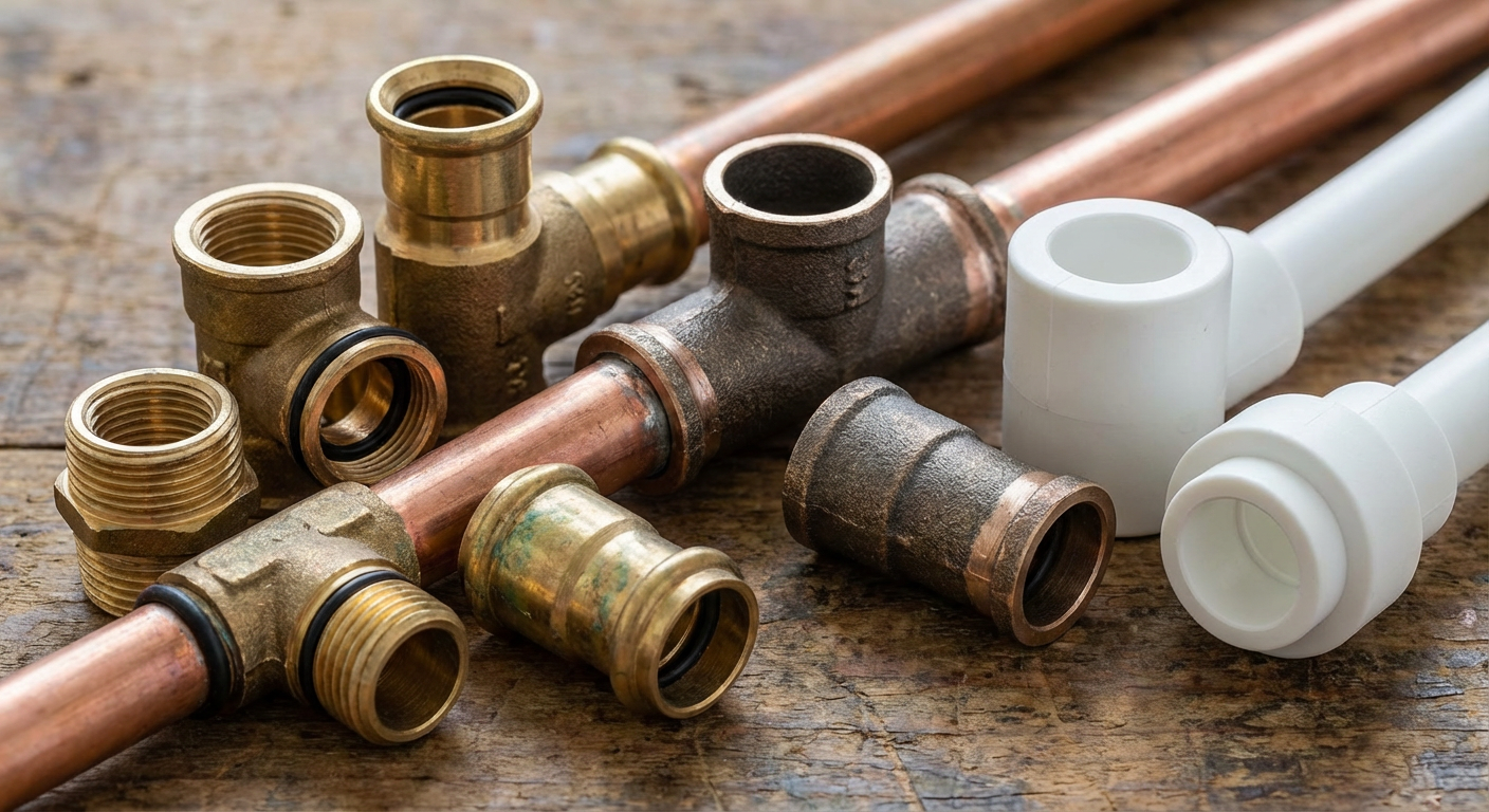 Различные латунные и полипропиленовые фитинги для труб