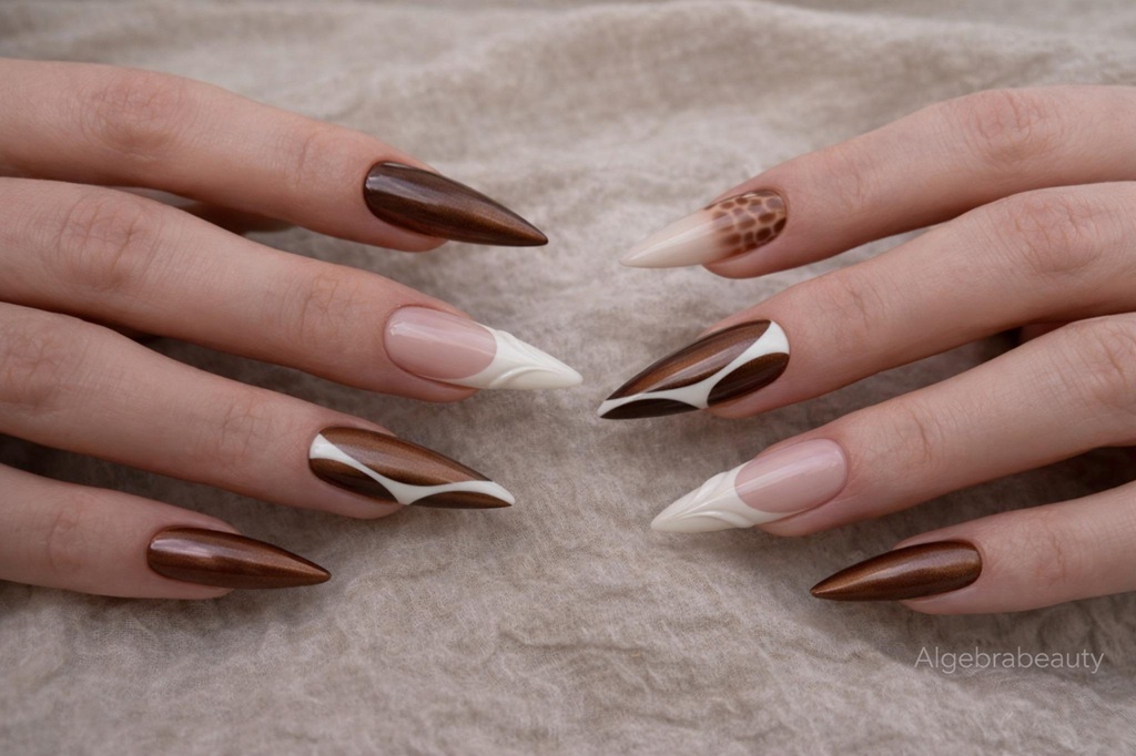 Длинные острые ногти в коричневых оттенках с молочным графичным дизайном