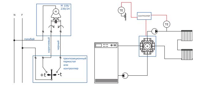 Схема подключения привода Валтек VT.M106 с управлением от трёхпозиционного термостата