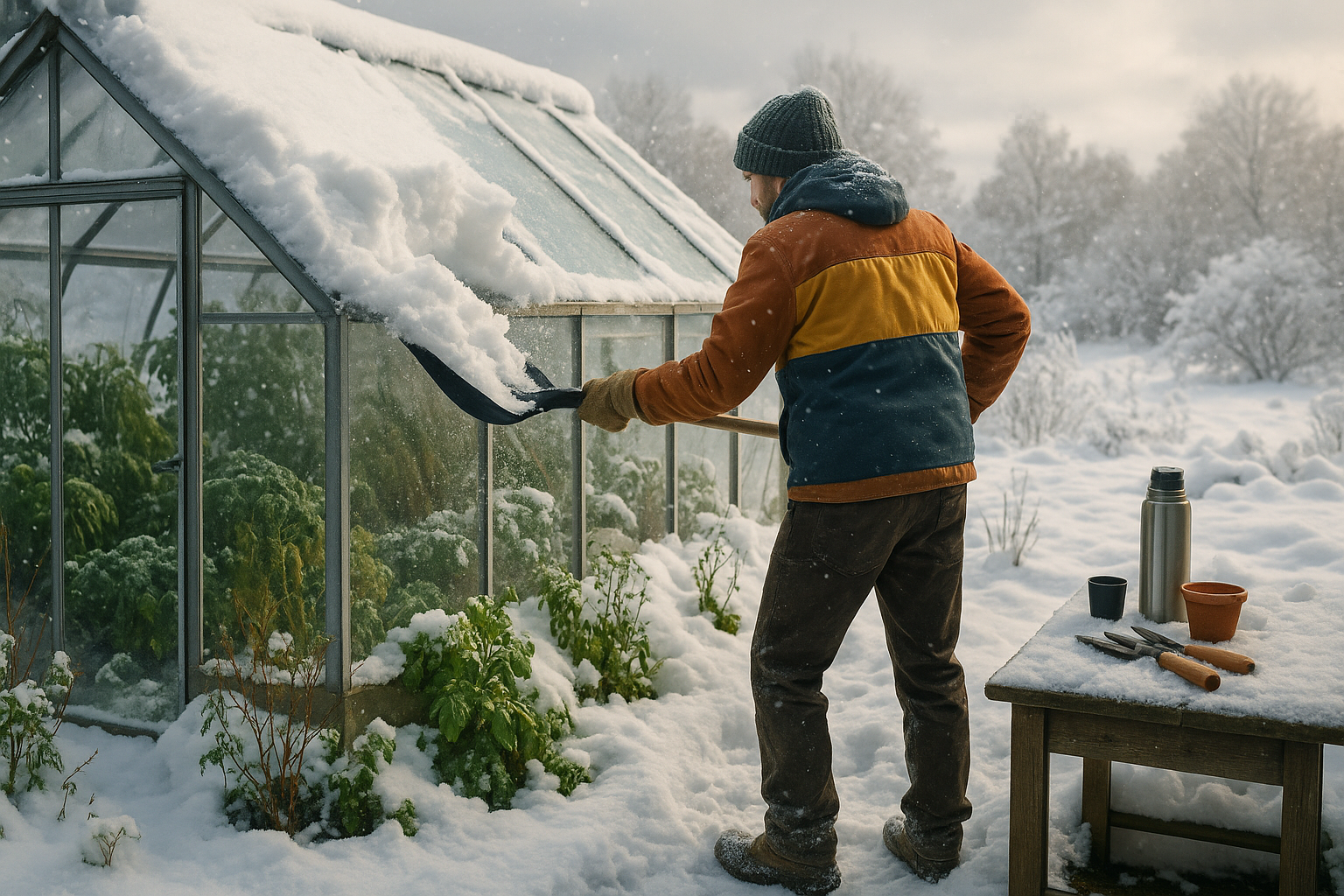 Зимняя теплица с покрытием из поликарбоната, очищенная от снега и утепленная для защиты растений