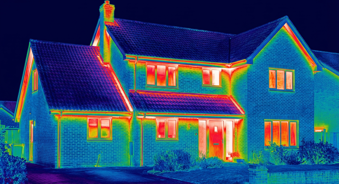 Тепловизионный снимок дома, показывающий утечку тепла