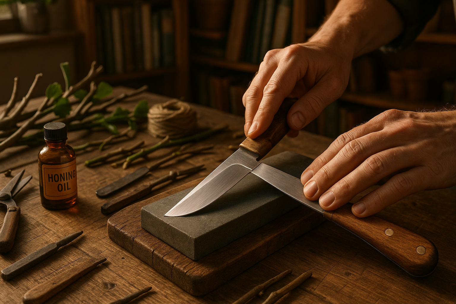 Прививочный нож с острым лезвием и точильным камнем в работе