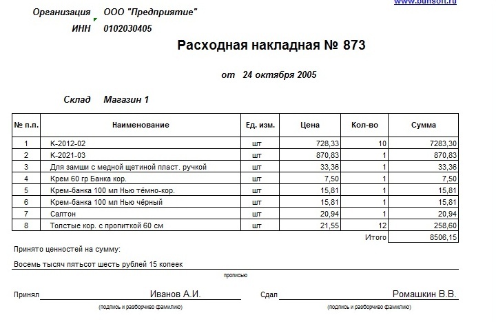 Пример расходной накладной, на основе которой вносятся данные в форму М-17