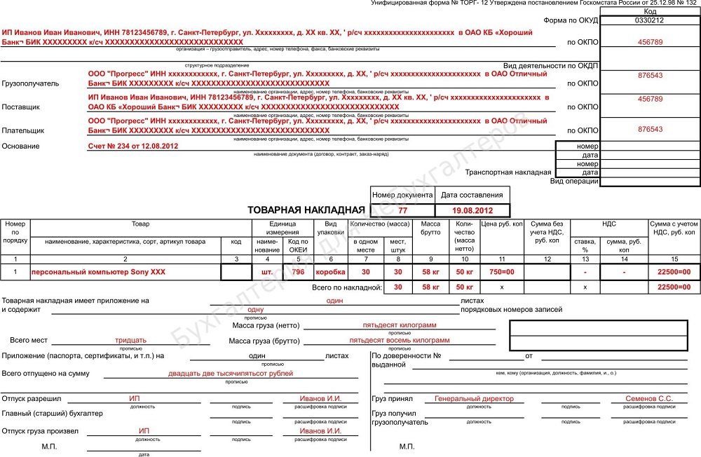 Образец заполнения накладной ТОРГ-12 