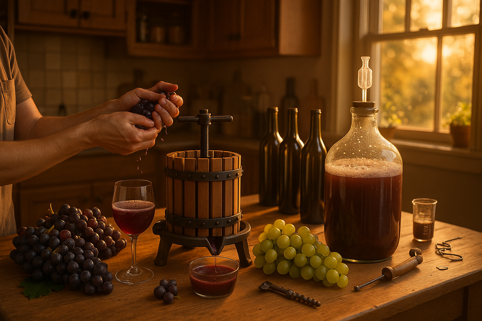 Домашнее виноградное вино в стеклянной бутыли с виноградом на фоне