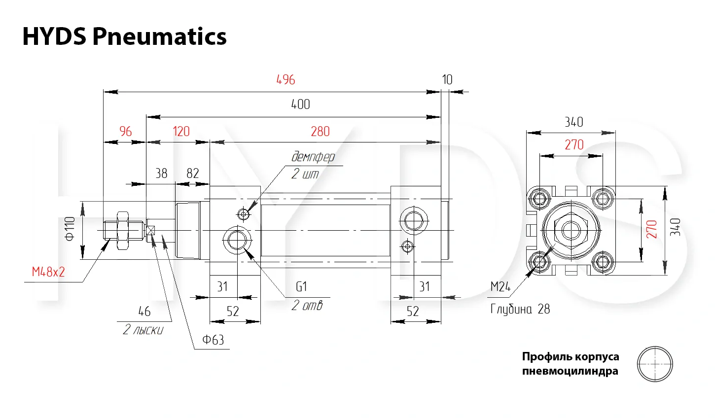 Размеры пневмоцилиндра DSBG-320-60-PPV-A-N3